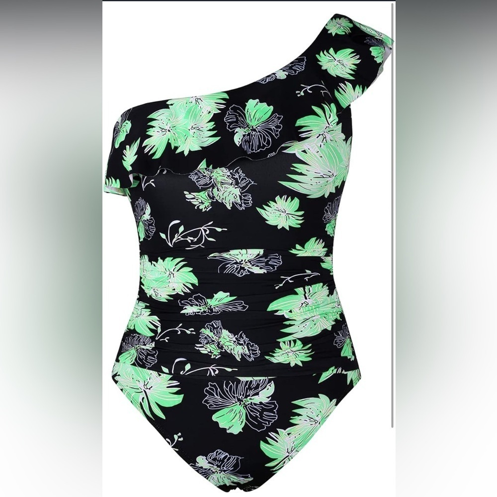Hilor One Piece Asymmetric One Shoulder Bathing Suit Black/Green Womens Size 10 - Picture 2 of 15